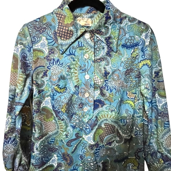 VINTAGE 70S PAISLEY DRESS DAGGER COLLAR BELT BUTTON UP PSYCHECHEDLIC LONG SLEEVE - Picture 7 of 15